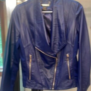 IMAN Blue lamb Leather Moto Jacket Fitted Asymmetrical Design